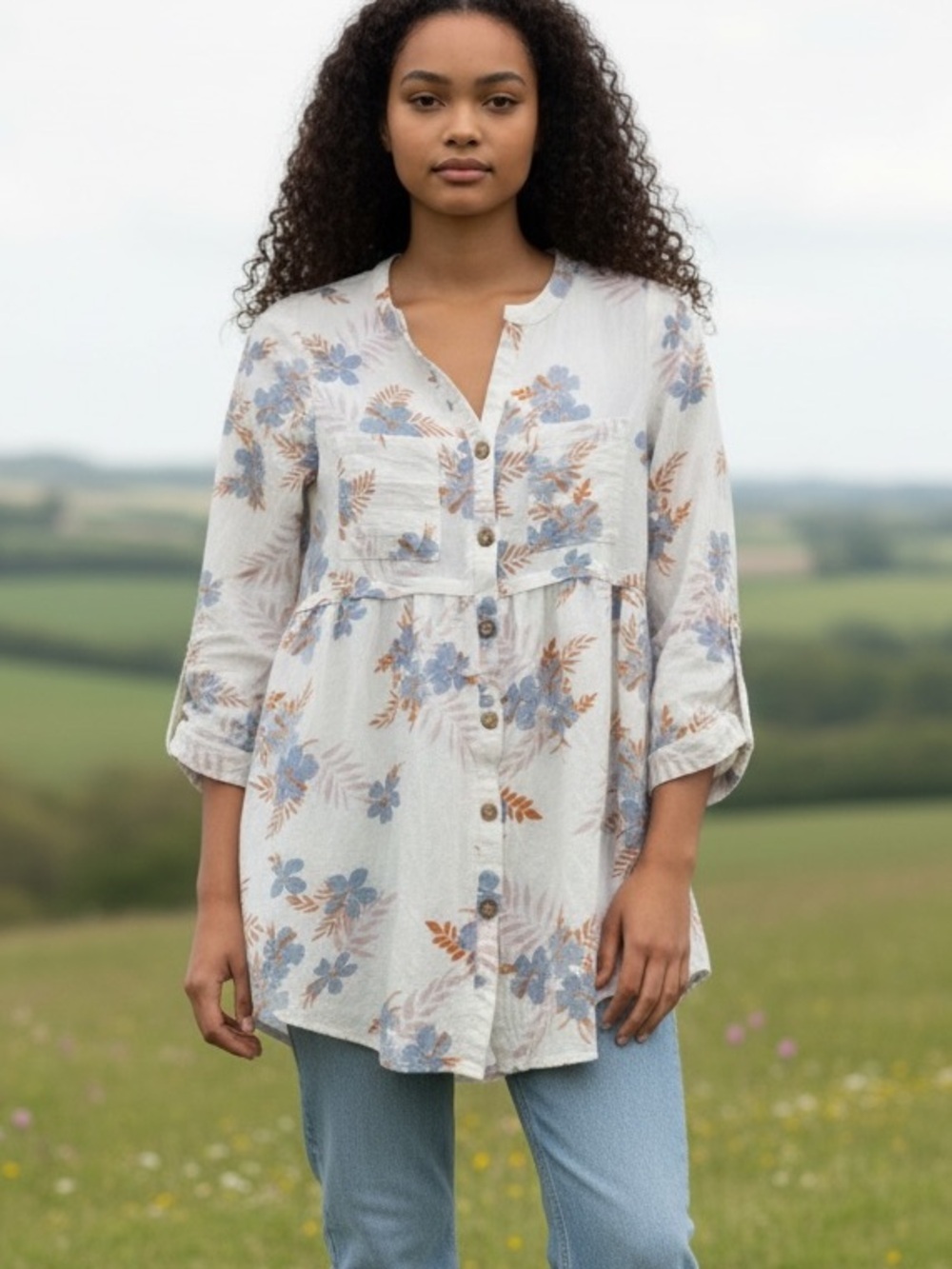 OLIVACEOUS buttoned tunic top, crinkled cotton blend, button up sleeves, lined